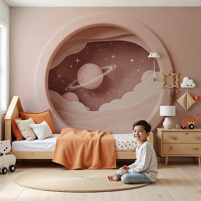Papier peint chambre bébé | Univers spatial doux entre planètes et étoiles