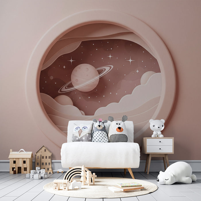 Papier peint chambre bébé | Univers spatial doux entre planètes et étoiles