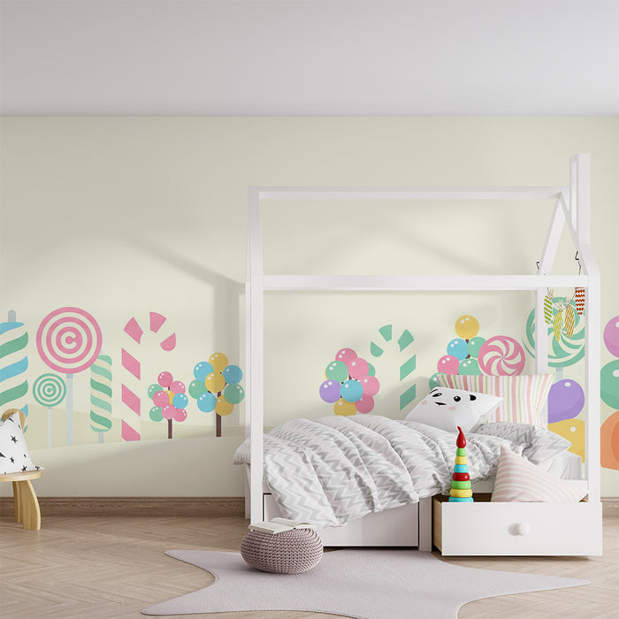 Tapet pentru camera copilului | Univers dulce cu bomboane și pomi colorați