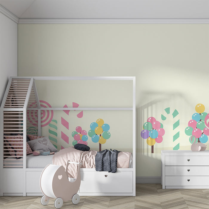 Tapet pentru camera copilului | Univers dulce cu bomboane și pomi colorați