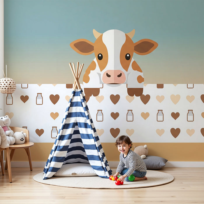 Papel pintado para habitación infantil | Vaca adorable con motivos de leche y corazones