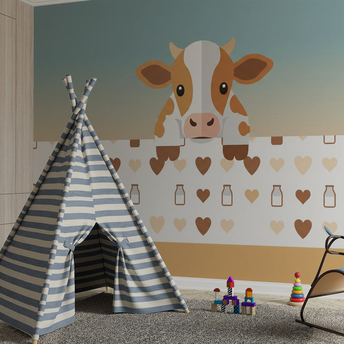 Papel pintado para habitación infantil | Vaca adorable con motivos de leche y corazones
