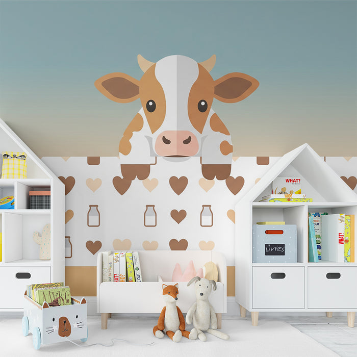 Papel pintado para habitación infantil | Vaca adorable con motivos de leche y corazones