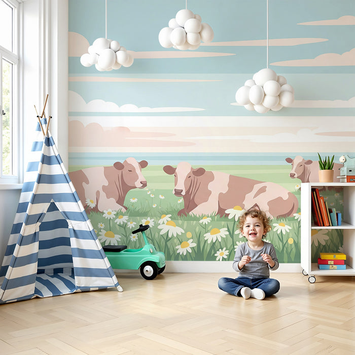 Papier peint chambre bébé | Vaches paisibles dans un champ de fleurs