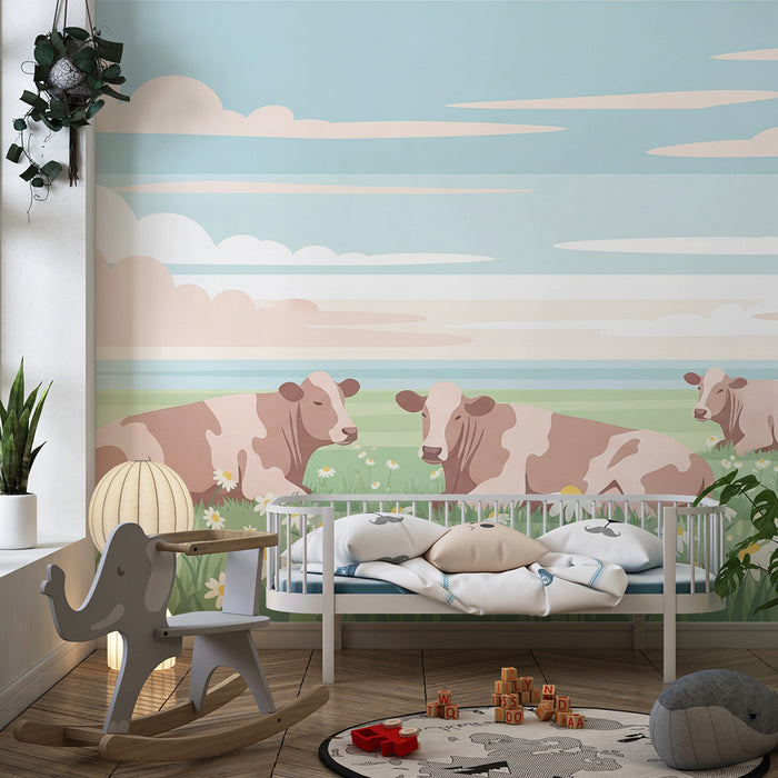 Papier peint chambre bébé | Vaches paisibles dans un champ de fleurs