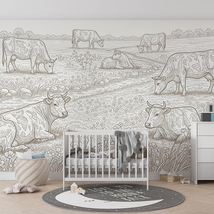Behang babykamer | Rustige koeien in een bloemenveld