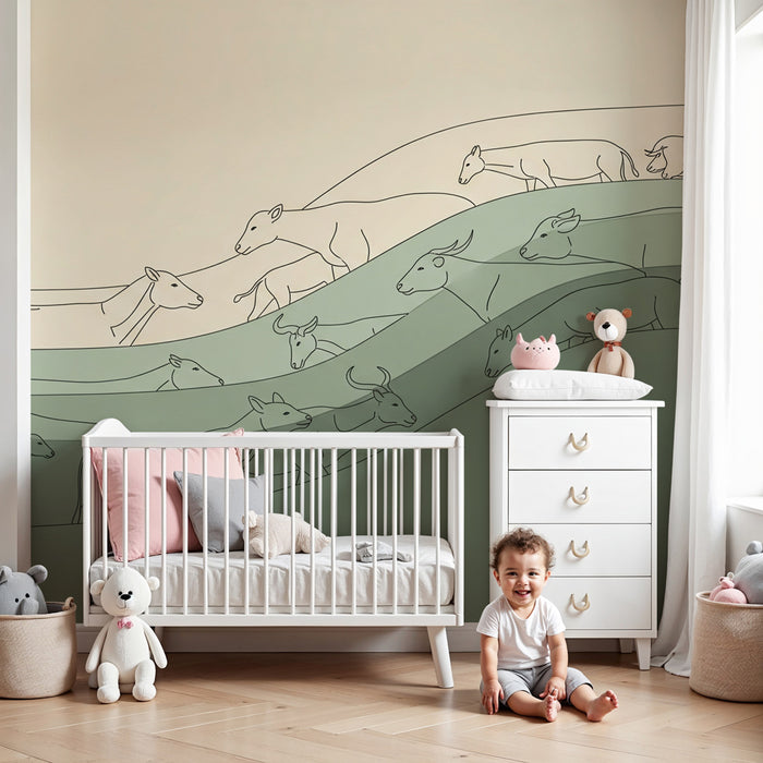 Papel pintado infantil | Vacas pacíficas sobre ondulaciones verdes