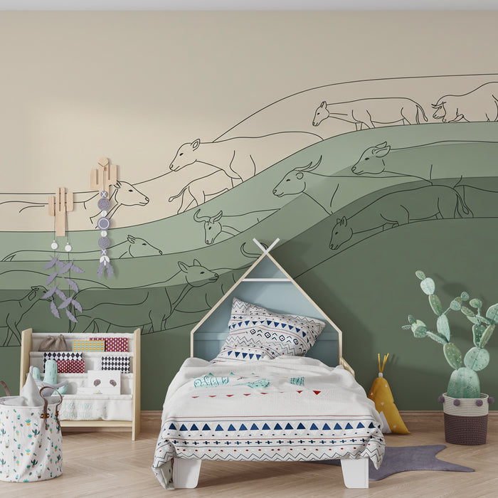 Papel pintado infantil | Vacas pacíficas sobre ondulaciones verdes