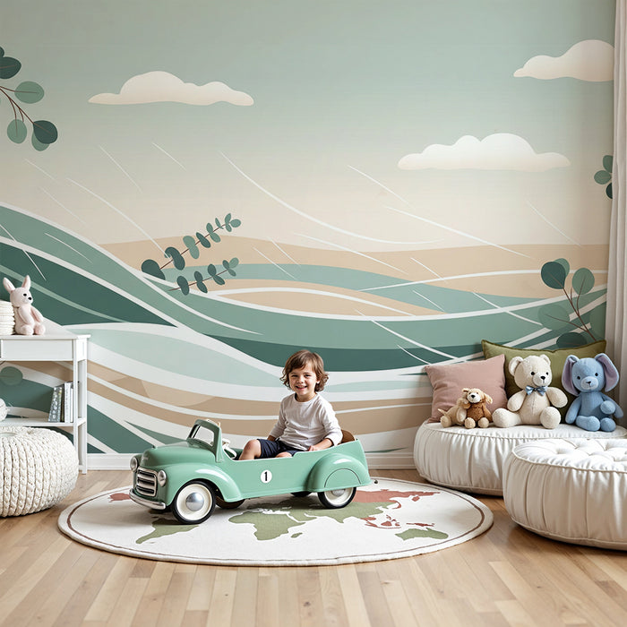 Carta da parati bambini | Onde rilassanti e fogliame delicato