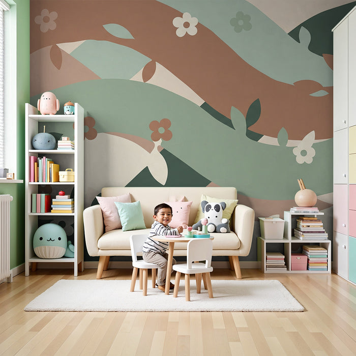Papier peint chambre bébé | Vagues colorées avec fleurs délicates et feuillage doux
