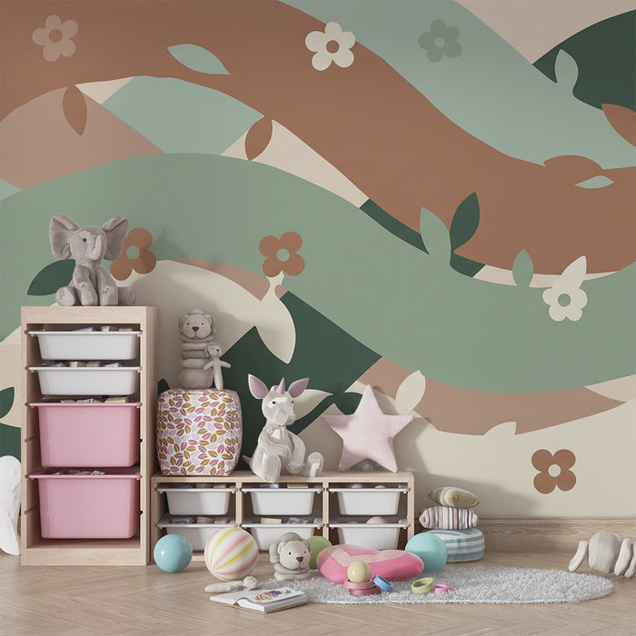 Papier peint chambre bébé | Vagues colorées avec fleurs délicates et feuillage doux