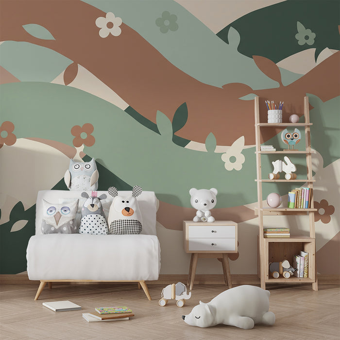Papier peint chambre bébé | Vagues colorées avec fleurs délicates et feuillage doux