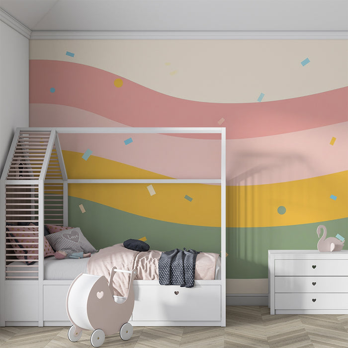 Papier peint chambre bébé | Vagues colorées et confettis joyeux