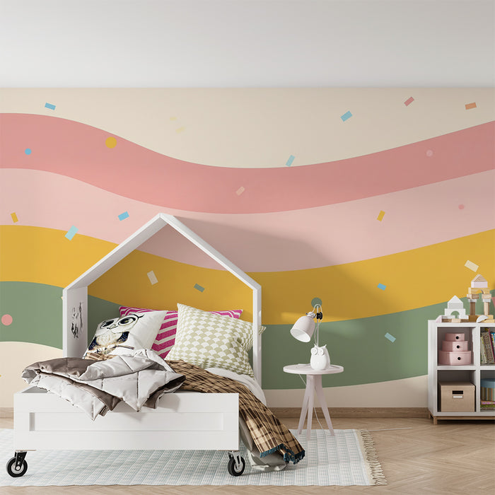 Papier peint chambre bébé | Vagues colorées et confettis joyeux