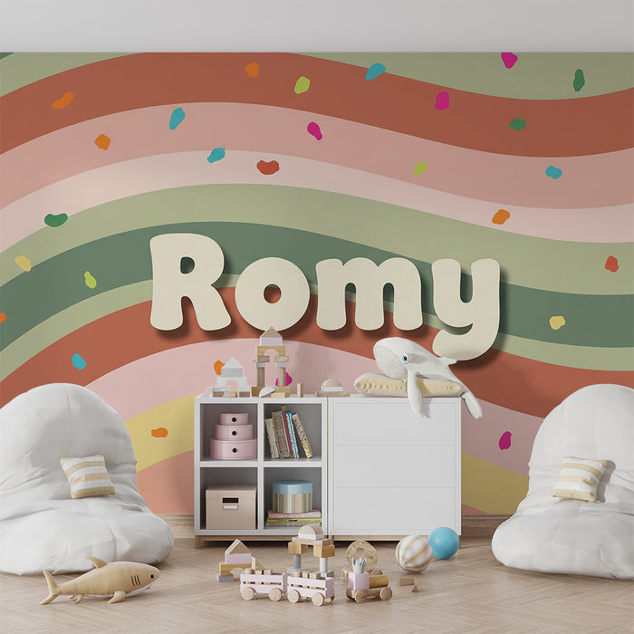 Papel de parede quarto bebê | Ondas coloridas e confetes alegres