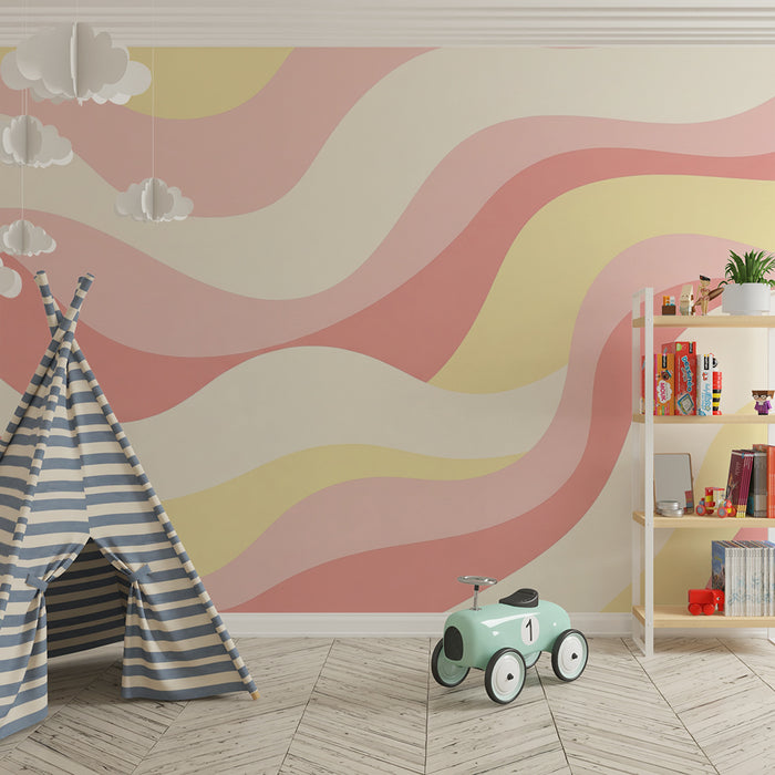 Papier peint chambre bébé | Vagues douces en rose et jaune pastel