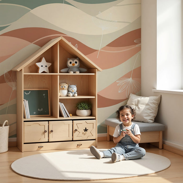 Papier peint chambre bébé | Vagues douces et fleurs délicates dans des tons pastel