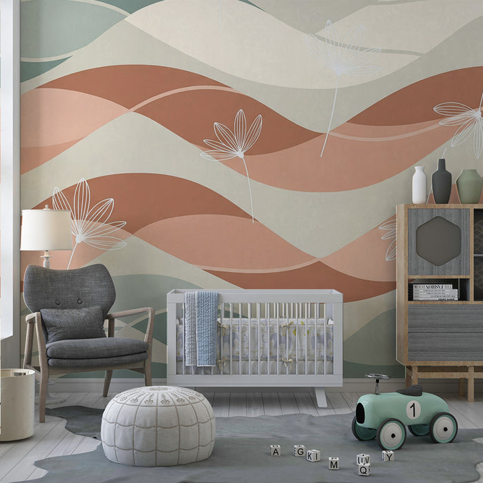 Papier peint chambre bébé | Vagues douces et fleurs délicates dans des tons pastel