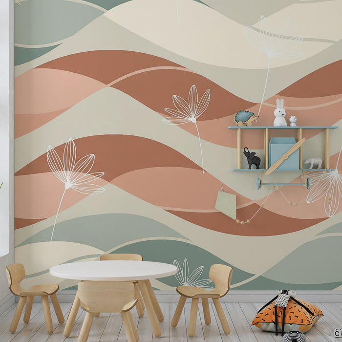 Papier peint chambre bébé | Vagues douces et fleurs délicates dans des tons pastel