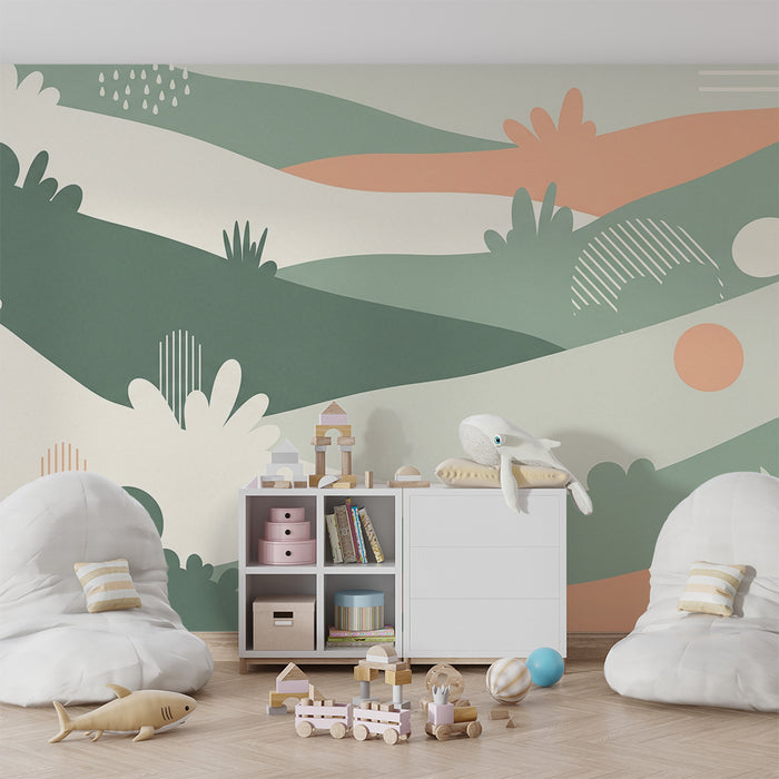 Papier peint chambre bébé | Vagues douces et motifs abstraits en tons pastel