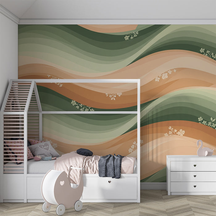 Papel de parede para quarto de bebé | Ondas suaves e motivos florais em tons pastel