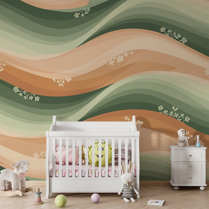 Papel de parede para quarto de bebé | Ondas suaves e motivos florais em tons pastel