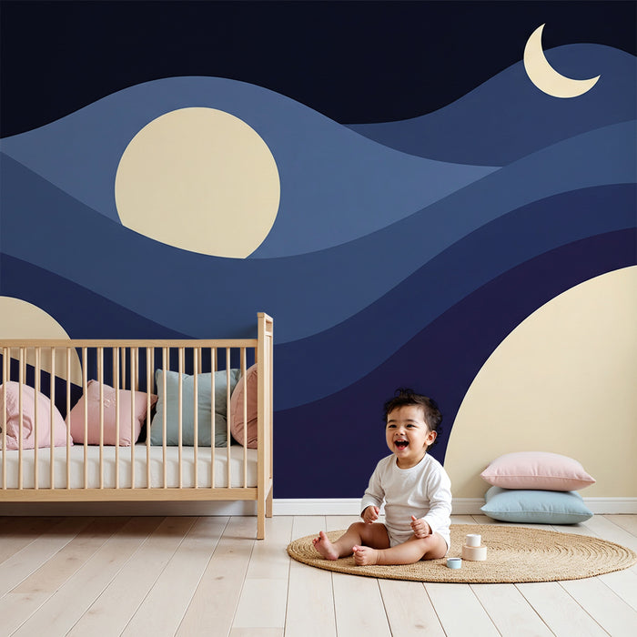 Χαρτί τοίχου για το δωμάτιο του μωρού | Νυχτερινά κύματα με φεγγάρι και αστέρια