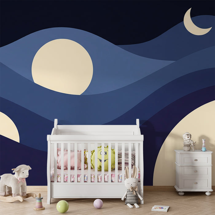 Χαρτί τοίχου για το δωμάτιο του μωρού | Νυχτερινά κύματα με φεγγάρι και αστέρια