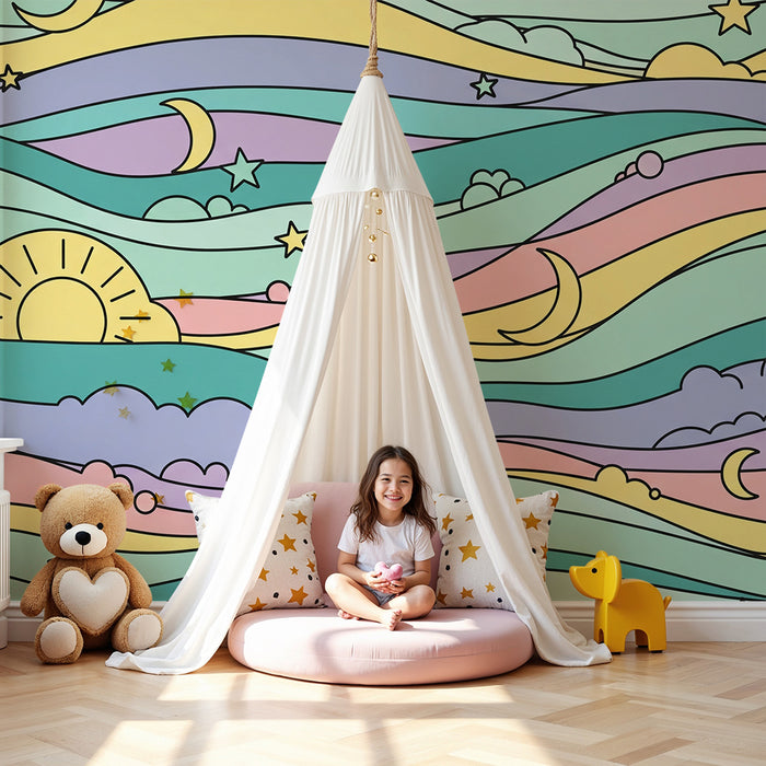 Papel pintado para habitación infantil | Olas pastel con sol, luna y estrellas
