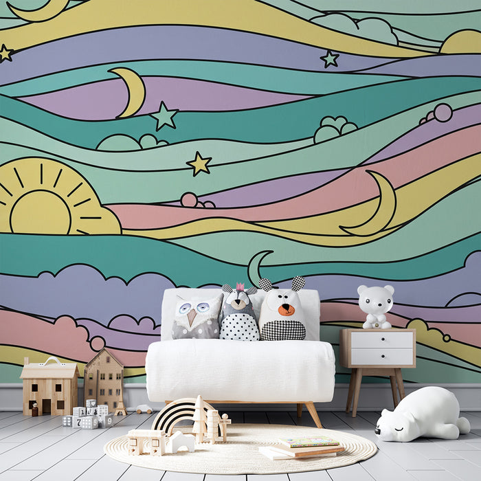 Papel pintado para habitación infantil | Olas pastel con sol, luna y estrellas