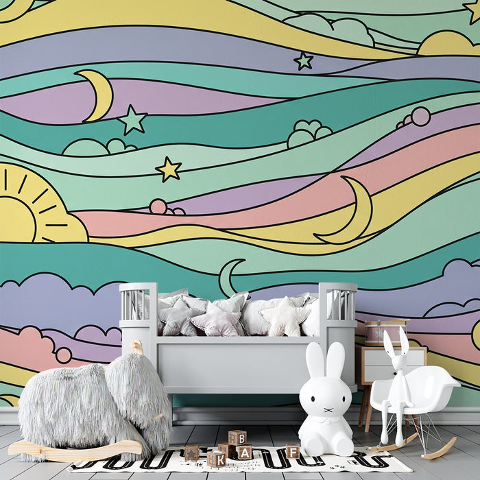 Papel pintado para habitación infantil | Olas pastel con sol, luna y estrellas