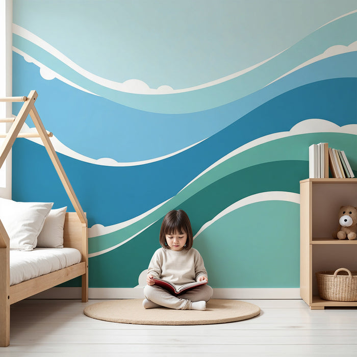 Papel de parede quarto bebê | Ondas estilizadas em tons de azul e verde