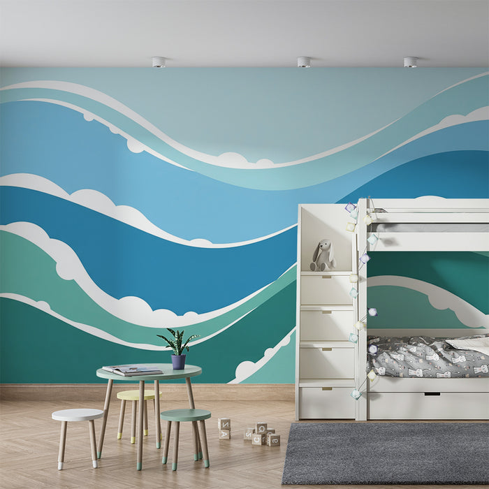 Papel de parede quarto bebê | Ondas estilizadas em tons de azul e verde