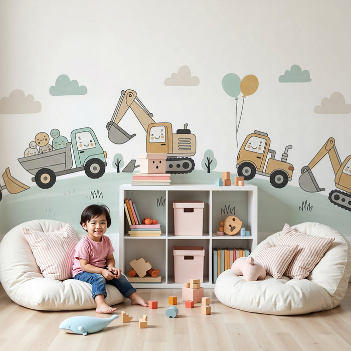Papier peint chambre bébé | Véhicules de chantier joyeux avec des ballons colorés