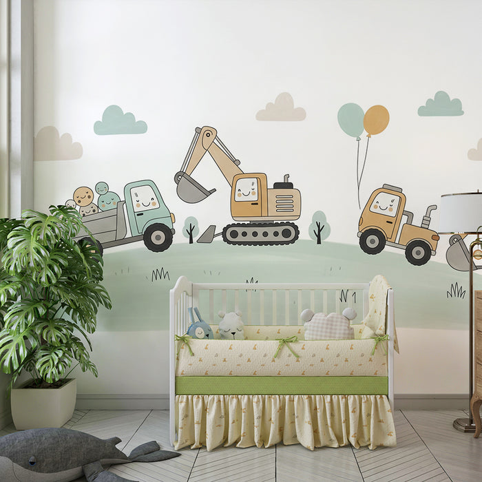 Papier peint chambre bébé | Véhicules de chantier joyeux avec des ballons colorés