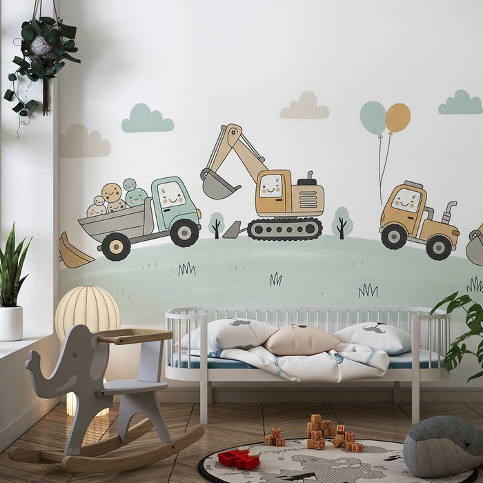 Papier peint chambre bébé | Véhicules de chantier joyeux avec des ballons colorés