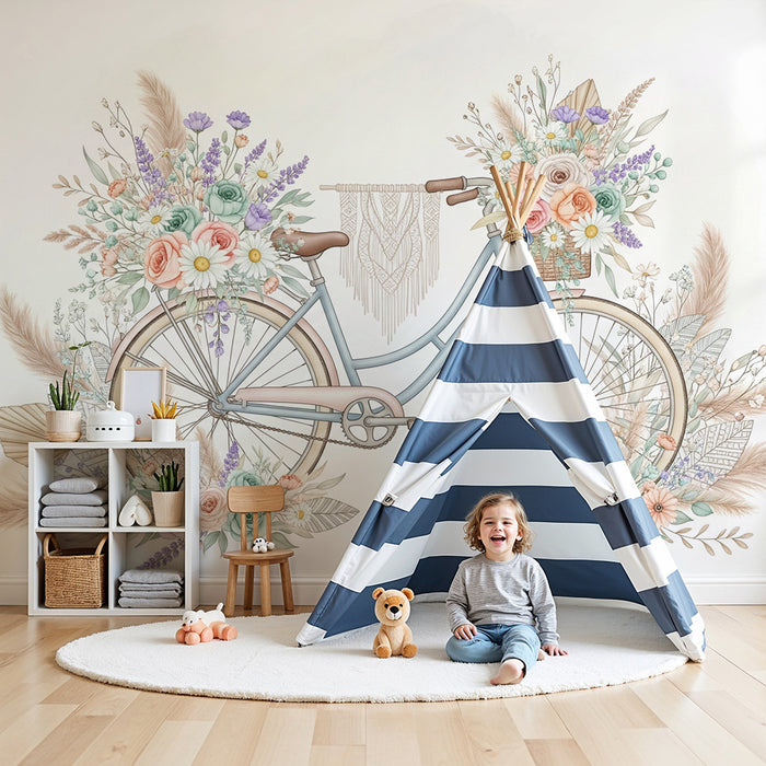 Papier peint chambre bébé | Vélo vintage orné de fleurs pastel