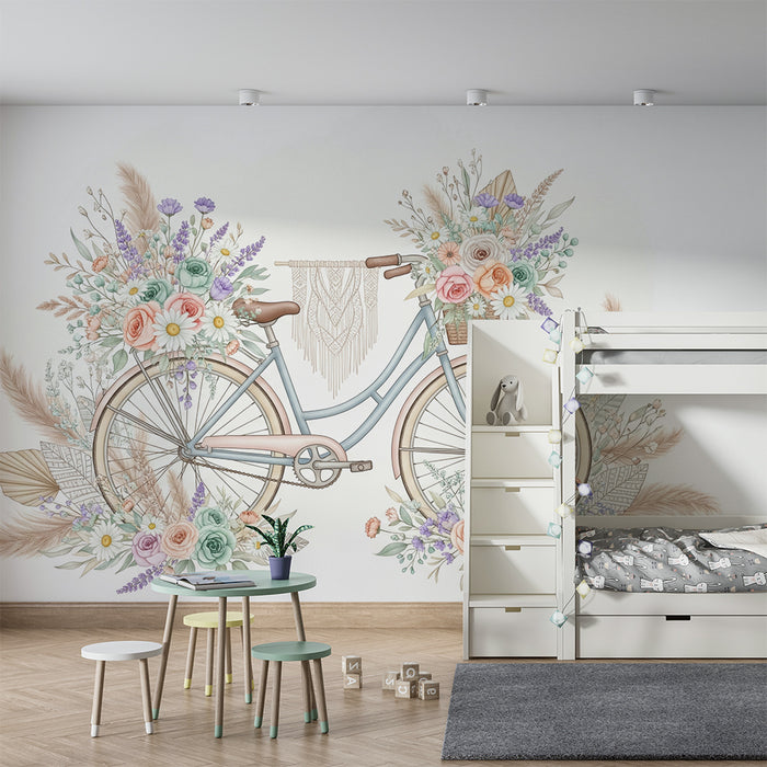 Papier peint chambre bébé | Vélo vintage orné de fleurs pastel