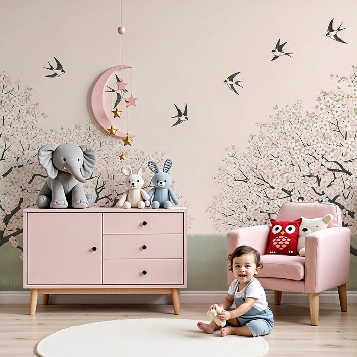 Baby bedroom wallpaper | Flowering orchard with birds in flight