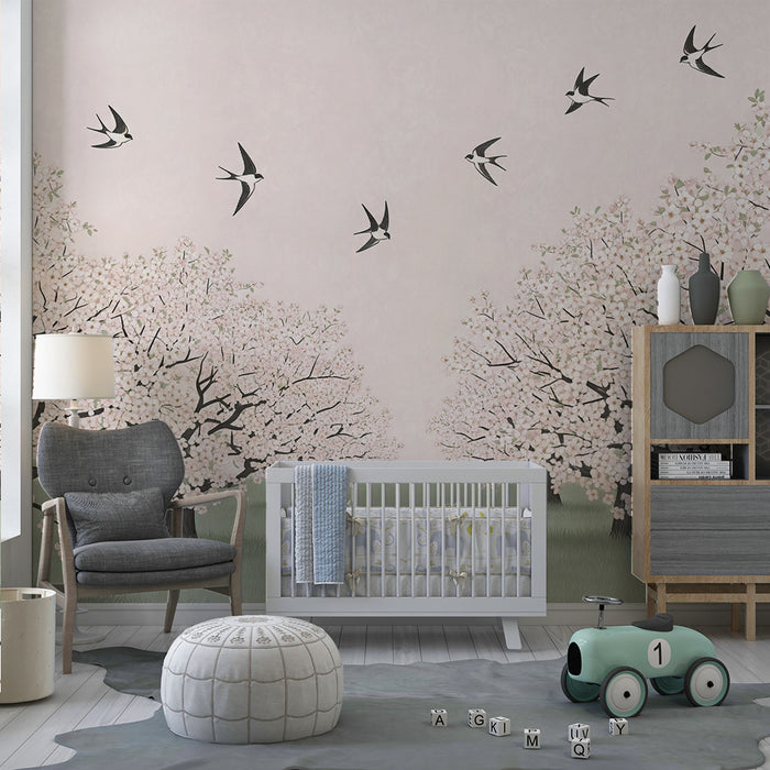 Baby bedroom wallpaper | Flowering orchard with birds in flight