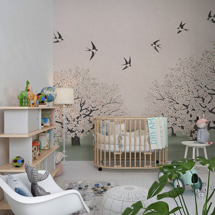 Baby bedroom wallpaper | Flowering orchard with birds in flight