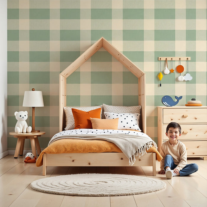 Papel de parede para quarto de bebé | Vichy suave em verde e creme para um ambiente tranquilo