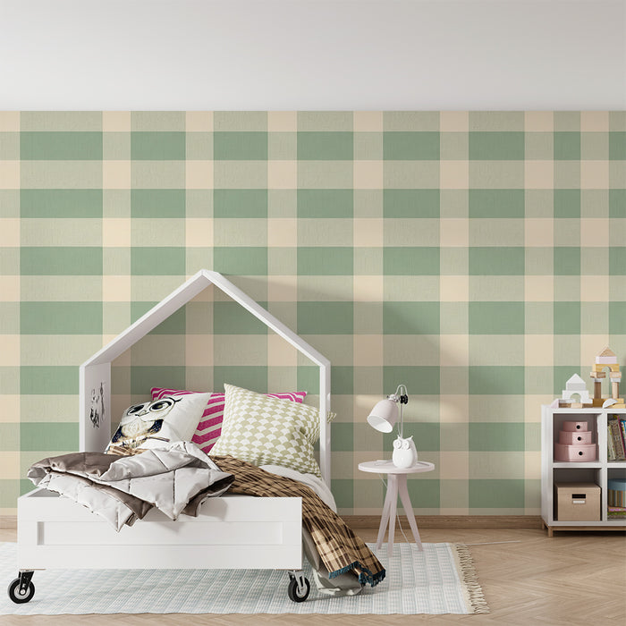 Papel de parede para quarto de bebé | Vichy suave em verde e creme para um ambiente tranquilo