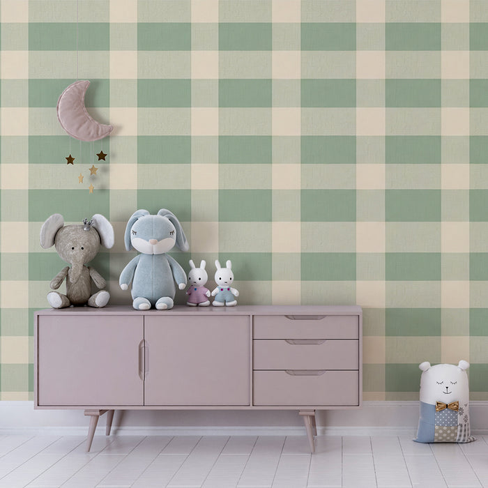 Papel de parede para quarto de bebé | Vichy suave em verde e creme para um ambiente tranquilo