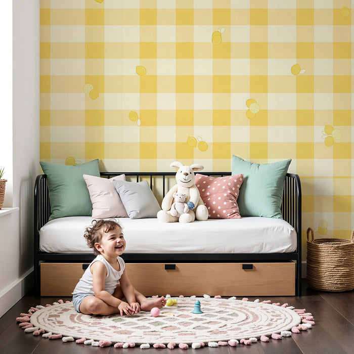 Behang babykamer | Vichy geel met frisse citroenen