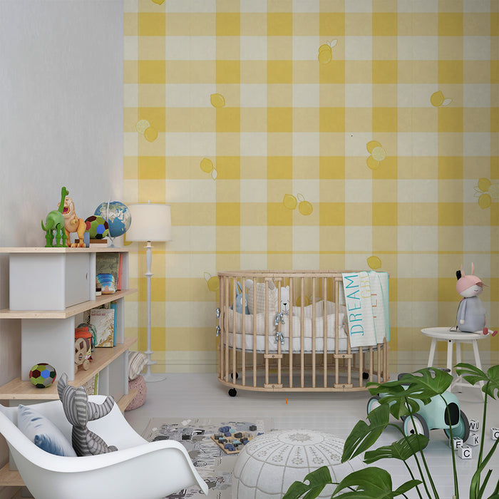 Behang babykamer | Vichy geel met frisse citroenen