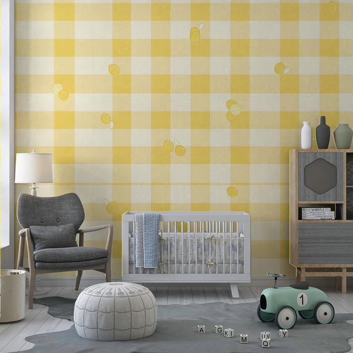 Behang babykamer | Vichy geel met frisse citroenen