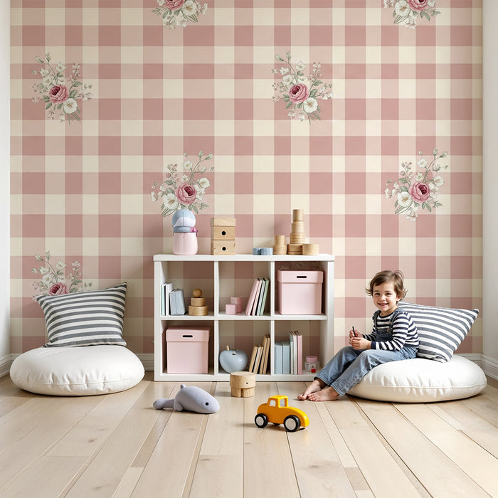 Tapete fürs Babyzimmer | Vichy-Rosa mit zarten Blumenmotiven