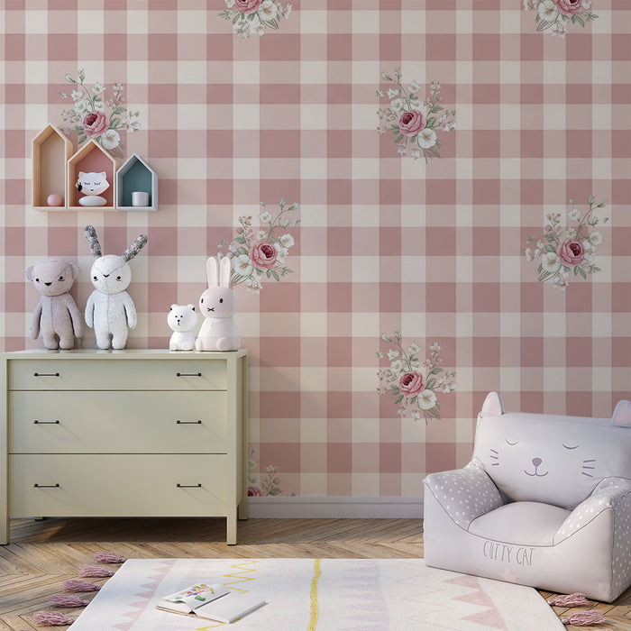 Tapete fürs Babyzimmer | Vichy-Rosa mit zarten Blumenmotiven