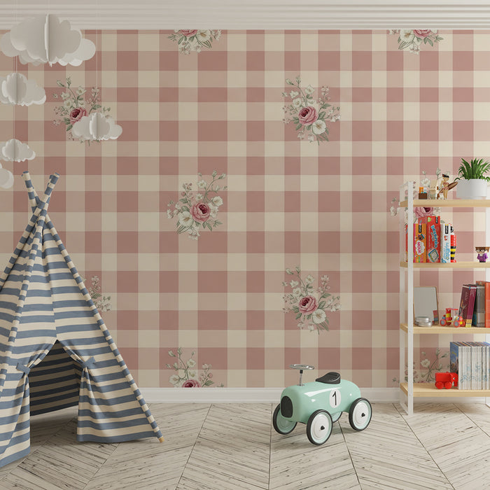 Tapete fürs Babyzimmer | Vichy-Rosa mit zarten Blumenmotiven